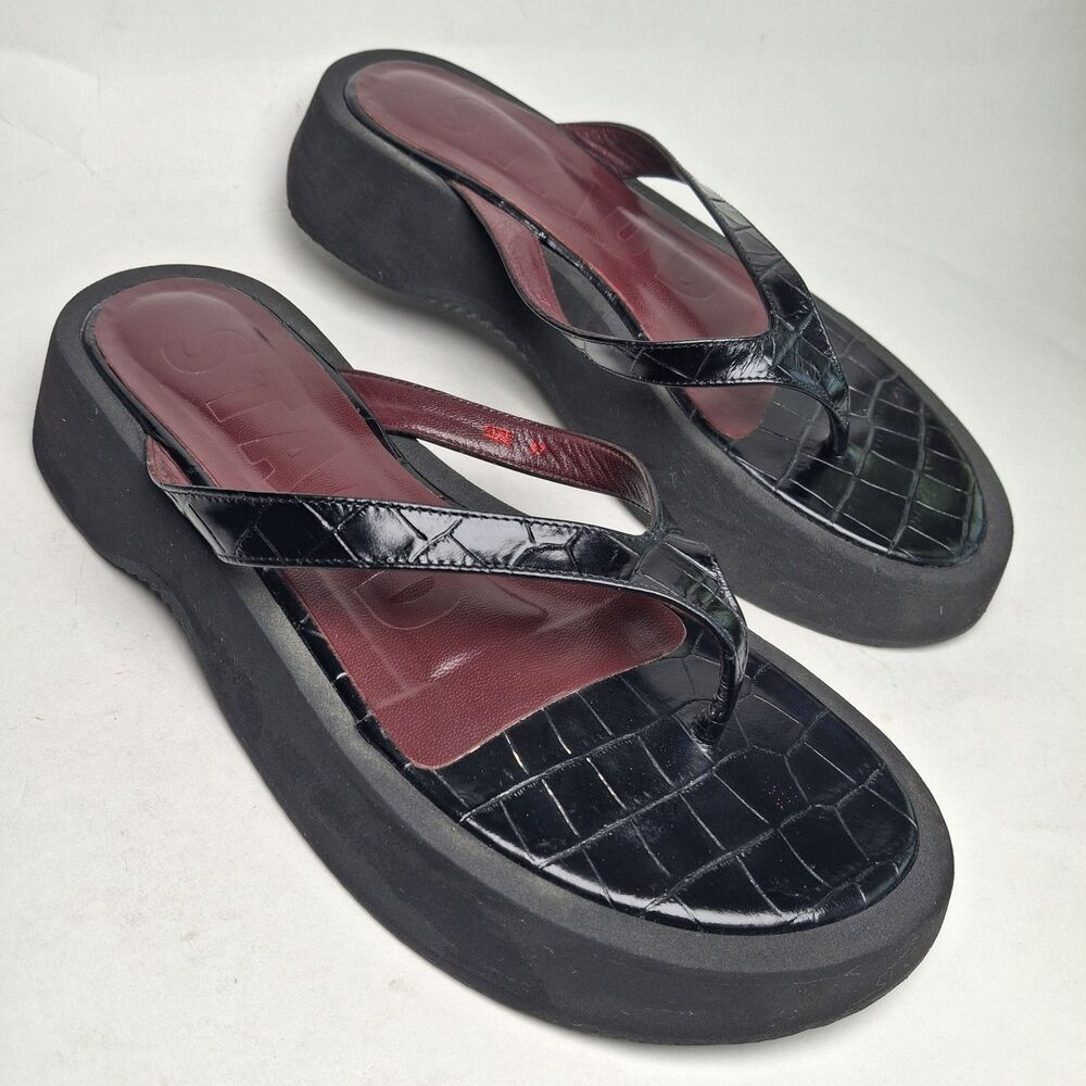 STAUD Black Croc Tessa Sandal Women 7 (EU 37) Chunky Thong Platform Quiet Luxury